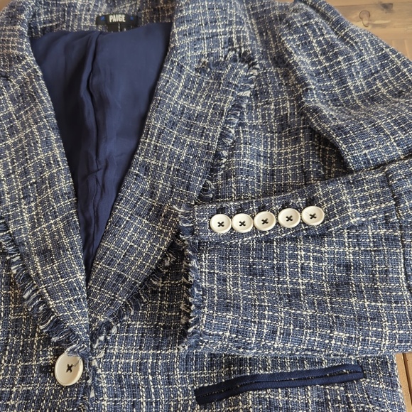 Anthropologie Paige Women’s Blue Tweed Linen Blend Puff Sleeve Blazer - Picture 4 of 13